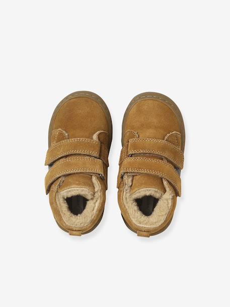 Mid-top fur-lined leather trainers with touch 'n' close fastening for babies camel+green+navy blue - vertbaudet enfant 