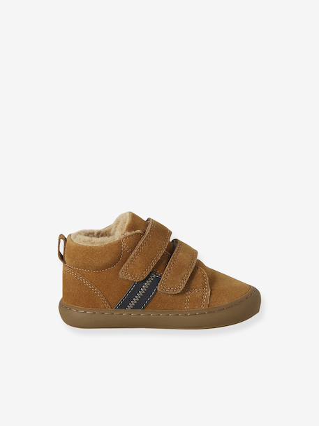 Mid-top fur-lined leather trainers with touch 'n' close fastening for babies camel+green+navy blue - vertbaudet enfant 