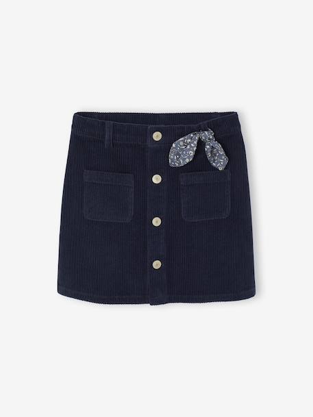 Jupe boutonnée en velours fille avec nouette fantaisie marine+vieux rose - vertbaudet enfant 