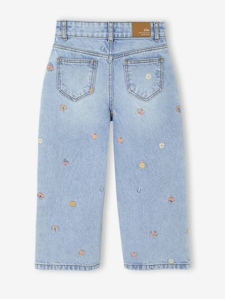 Embroidered Wide Leg Jeans with Fancy Motifs for Girls light blue - vertbaudet enfant 