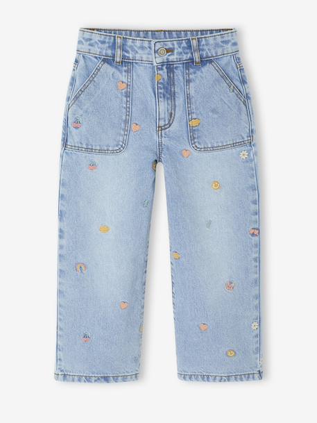 Embroidered Wide Leg Jeans with Fancy Motifs for Girls light blue - vertbaudet enfant 