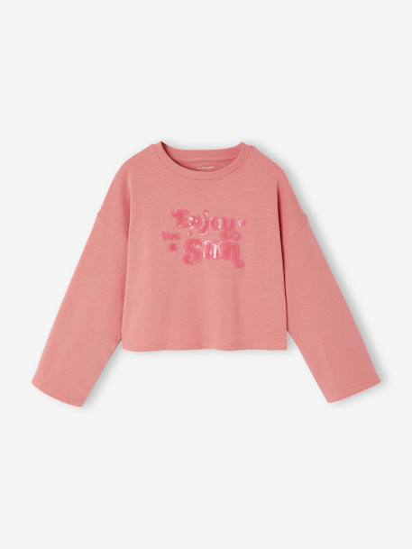 Tee-shirt fille cropped message sequins manches longues rose - vertbaudet enfant 