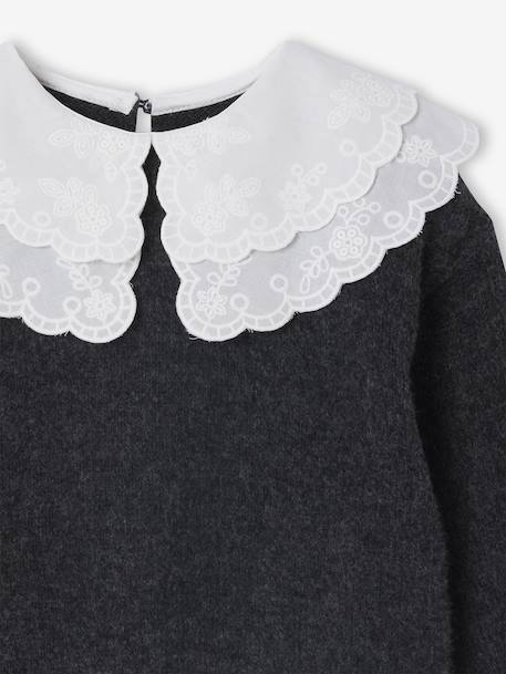 Soft Knit Jumper with Embroidered Double Collar, for Girls anthracite+rose - vertbaudet enfant 