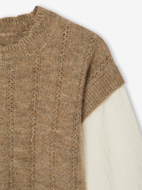 2-in-1 Jumper with Cotton Gauze Sleeves, for Girls camel - vertbaudet enfant 