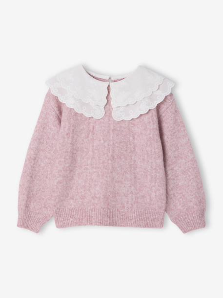 Soft Knit Jumper with Embroidered Double Collar, for Girls anthracite+rose - vertbaudet enfant 