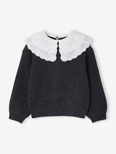 Pull fille double col brodé maille mousseuse anthracite+rose - vertbaudet enfant 