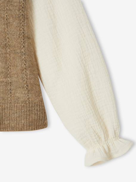 2-in-1 Jumper with Cotton Gauze Sleeves, for Girls camel - vertbaudet enfant 