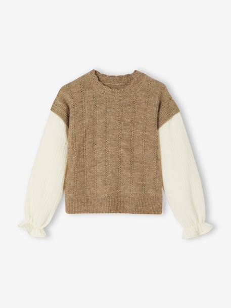 Pull fille 2 en 1 manches en gaze de coton camel - vertbaudet enfant 