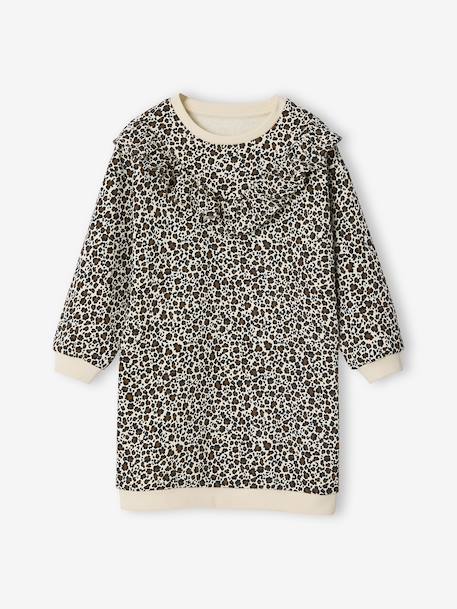 Fleece Dress with Frill for Girls ecru+emerald green+vanilla - vertbaudet enfant 