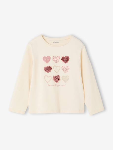 Long Sleeve T-Shirt with Heart in Relief, for Girls blush+ecru - vertbaudet enfant 