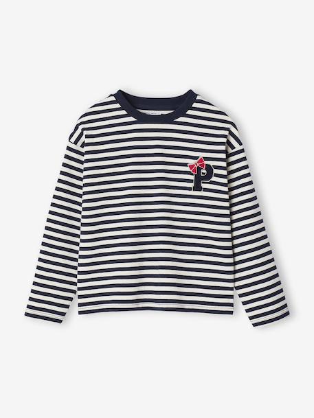 Striped T-Shirt with Iron-On Patch & Fancy Bow for Girls striped navy blue - vertbaudet enfant 