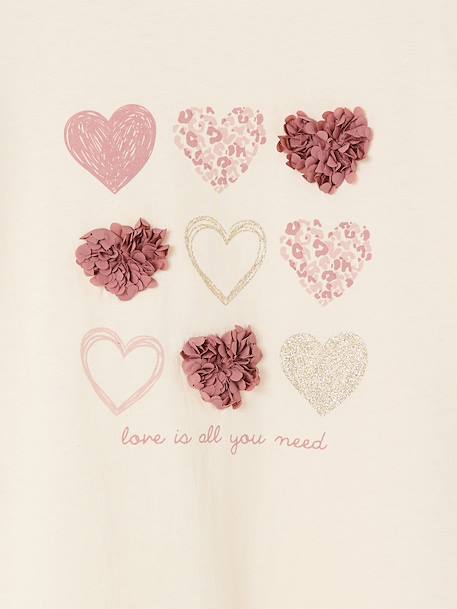 Long Sleeve T-Shirt with Heart in Relief, for Girls blush+ecru - vertbaudet enfant 