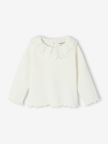 T-shirt bébé manches longues avec collerette brodée écru+kaki - vertbaudet enfant 