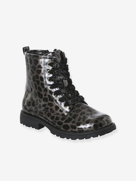 Bottines enfant fille vernies synthétique zippées noir+noir imprimé - vertbaudet enfant 
