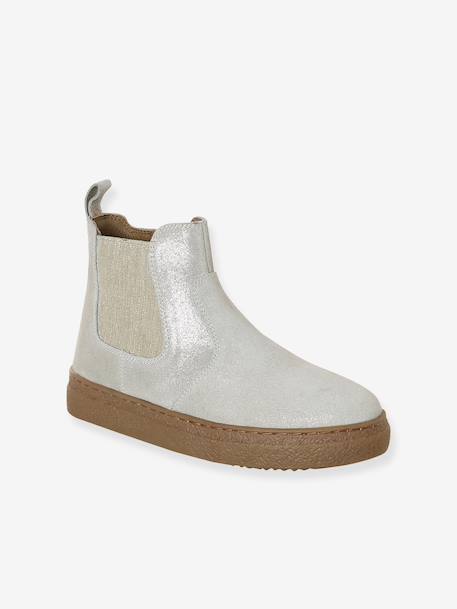 Leather Boots with Elastic & Zip, for Girls camel+gold+navy blue - vertbaudet enfant 