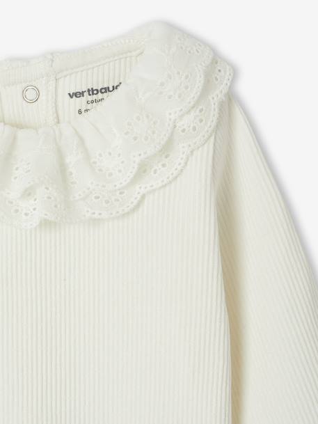 T-shirt bébé manches longues avec collerette brodée écru+kaki - vertbaudet enfant 