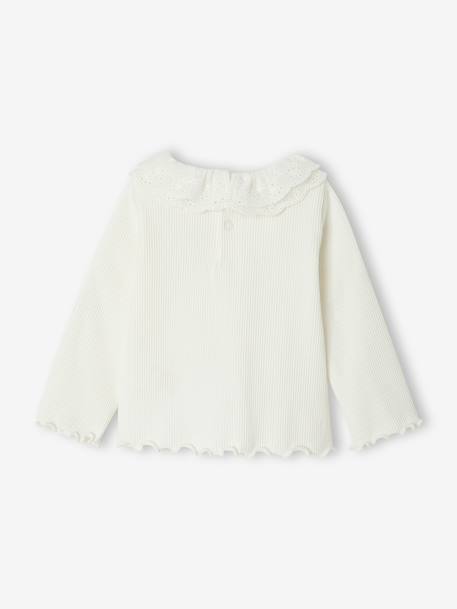 Long-sleeved T-shirt for babies with English embroidery ruffled collar ecru+khaki - vertbaudet enfant 