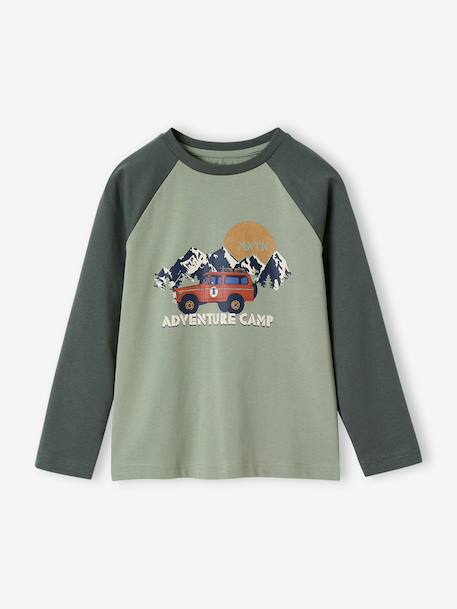 T-shirt motif graphique garçon manches raglan blanc chiné+kaki+lichen+noix de pécan - vertbaudet enfant 