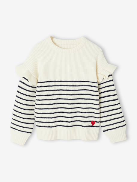Jumper with Ruffled Sleeves for Girls ecru+mauve+red+striped navy blue - vertbaudet enfant 