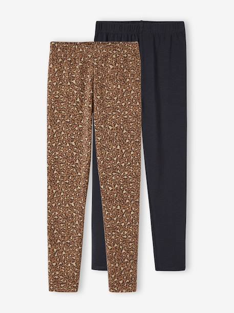 Pack of 2 Basics Leggings for Girls indigo+khaki+printed brown+sage green - vertbaudet enfant 