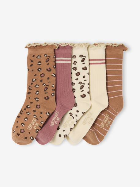 Pack of 5 pairs of 'leopard' socks for girls cinnamon - vertbaudet enfant 