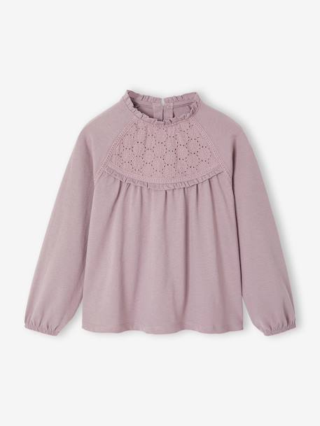 Top with Detail in Broderie Anglaise, for Girls ecru+GREEN DARK SOLID+mauve+navy blue+pale blue - vertbaudet enfant 