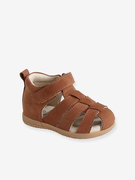 Leather Sandals for Baby Boys, Designed for First Steps BLUE MEDIUM SOLID+Camel - vertbaudet enfant 