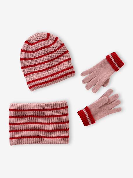 Girl's striped set: beanie + snood + mittens/gloves blush - vertbaudet enfant 
