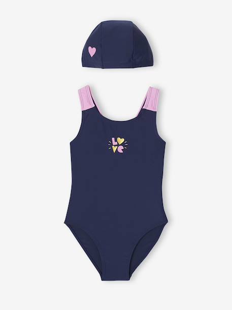 Swimsuit Set Comprising One-Piece Swimsuit + Beanie for Girls indigo - vertbaudet enfant 