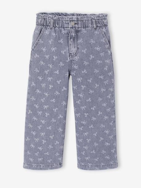 Wide-Leg Paperbag Jeans with Flower Motifs for Girls deep blue+denim grey - vertbaudet enfant 