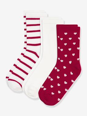 Girls-Underwear-Socks-Pack of 3 pairs of PETIT BATEAU cotton socks with heart patterns