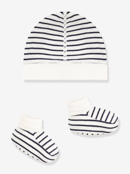 Unisex Beanie & Booties Set for Babies, PETIT BATEAU navy blue+white - vertbaudet enfant 
