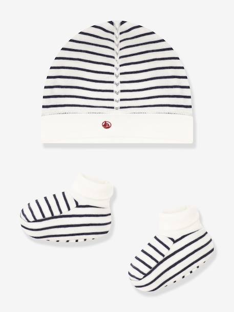 Unisex Beanie & Booties Set for Babies, PETIT BATEAU navy blue+white - vertbaudet enfant 