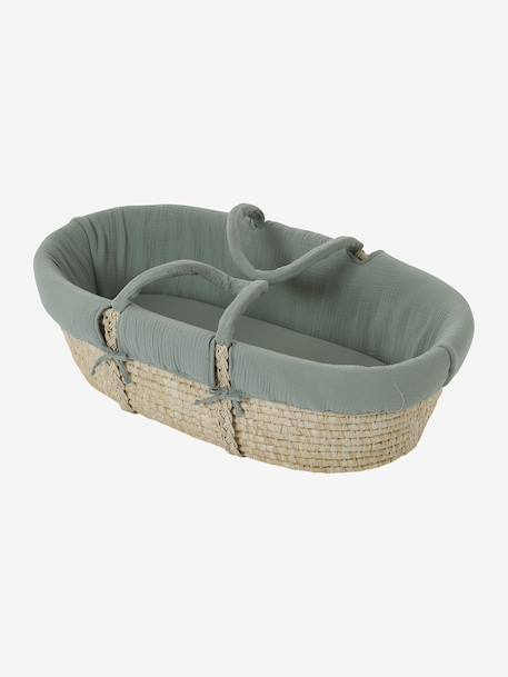 Moses Basket in Woven Natural Fibres for Babies, ENVIE DE FRAISE 0016+beige+sage green - vertbaudet enfant 