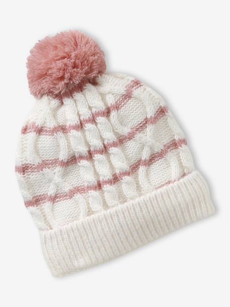 Girl's twisted knit set: beanie + snood + mittens/gloves ecru - vertbaudet enfant 