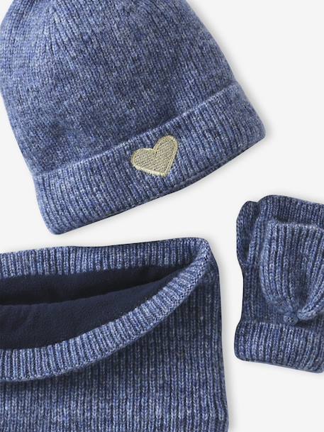 'Heart' Beanie + Snood + Gloves/Mittens Set for Girls navy blue+rosy - vertbaudet enfant 