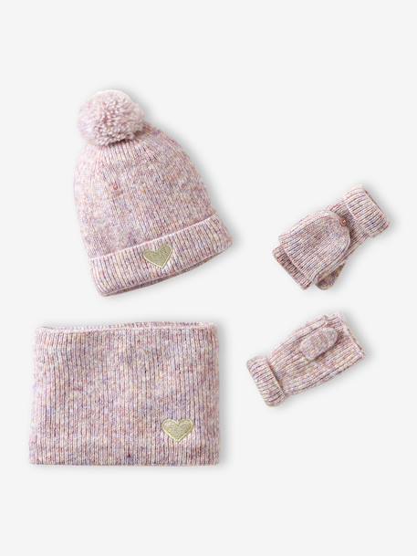 'Heart' Beanie + Snood + Gloves/Mittens Set for Girls navy blue+rosy - vertbaudet enfant 