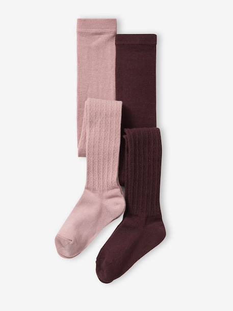 Pack of 2 Pairs of Cable Knit Tights for Girls mauve - vertbaudet enfant 