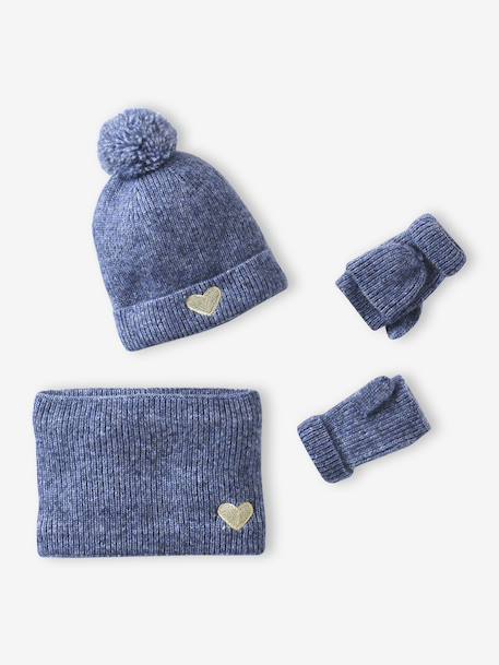 'Heart' Beanie + Snood + Gloves/Mittens Set for Girls navy blue+rosy - vertbaudet enfant 