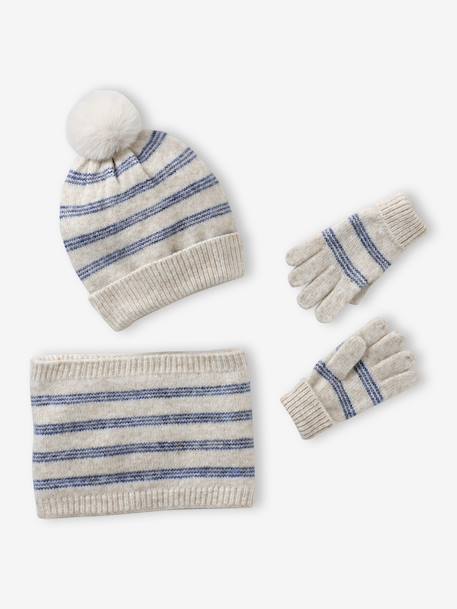 Striped Set: Beanie + Snood + Mittens/Gloves for Girls vanilla - vertbaudet enfant 