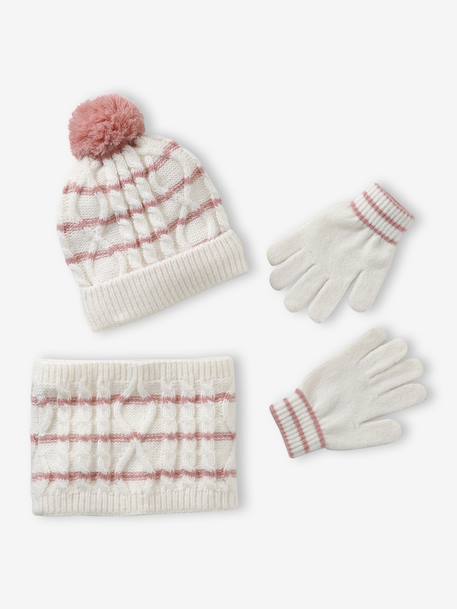 Girl's twisted knit set: beanie + snood + mittens/gloves ecru - vertbaudet enfant 