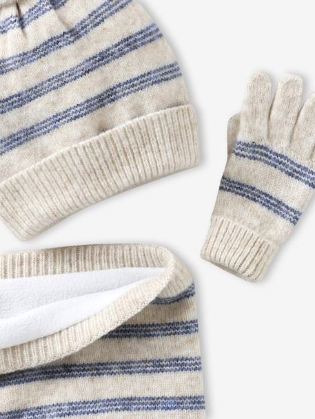 Ensemble rayé fille bonnet + snood + moufles/gants vanille - vertbaudet enfant 