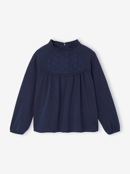 Top with Detail in Broderie Anglaise, for Girls ecru+GREEN DARK SOLID+mauve+navy blue+pale blue - vertbaudet enfant 