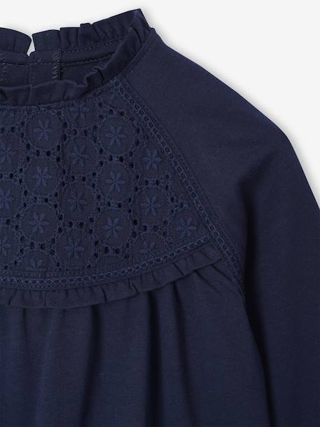 Top with Detail in Broderie Anglaise, for Girls ecru+GREEN DARK SOLID+mauve+navy blue+pale blue - vertbaudet enfant 
