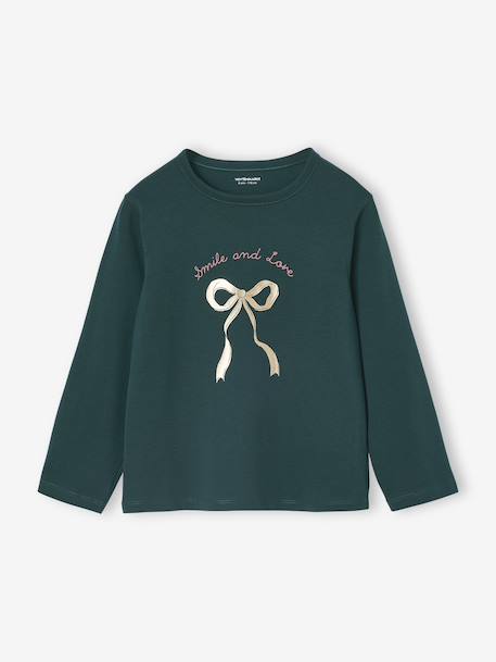 T-shirt animation métallisée fille manches longues anthracite+blanc+vert sapin - vertbaudet enfant 