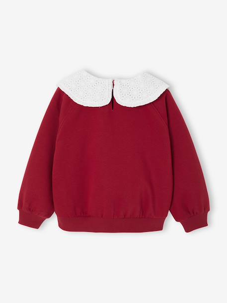 Girl's sweatshirt with English embroidery collar and flocked velvet message ecru+mauve+pale pink+red - vertbaudet enfant 