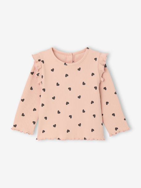 T-shirt en côtes manches volantées bébé fille écru+rose poudré - vertbaudet enfant 