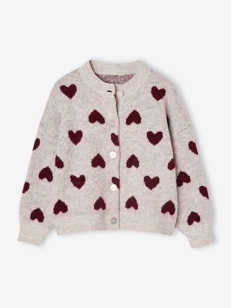 Cardigan with Jacquard Knit Hearts for Girls golden beige - vertbaudet enfant 
