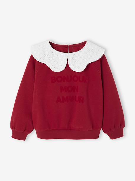 Sweat fille col claudine broderie anglaise écru+gris chiné+mauve+rose pâle+rouge - vertbaudet enfant 