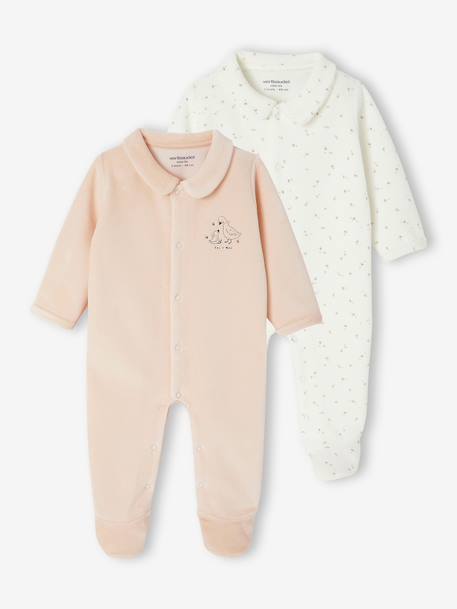 Pack of 2 Velour Sleepsuits for Newborns aqua green+beige+rose - vertbaudet enfant 